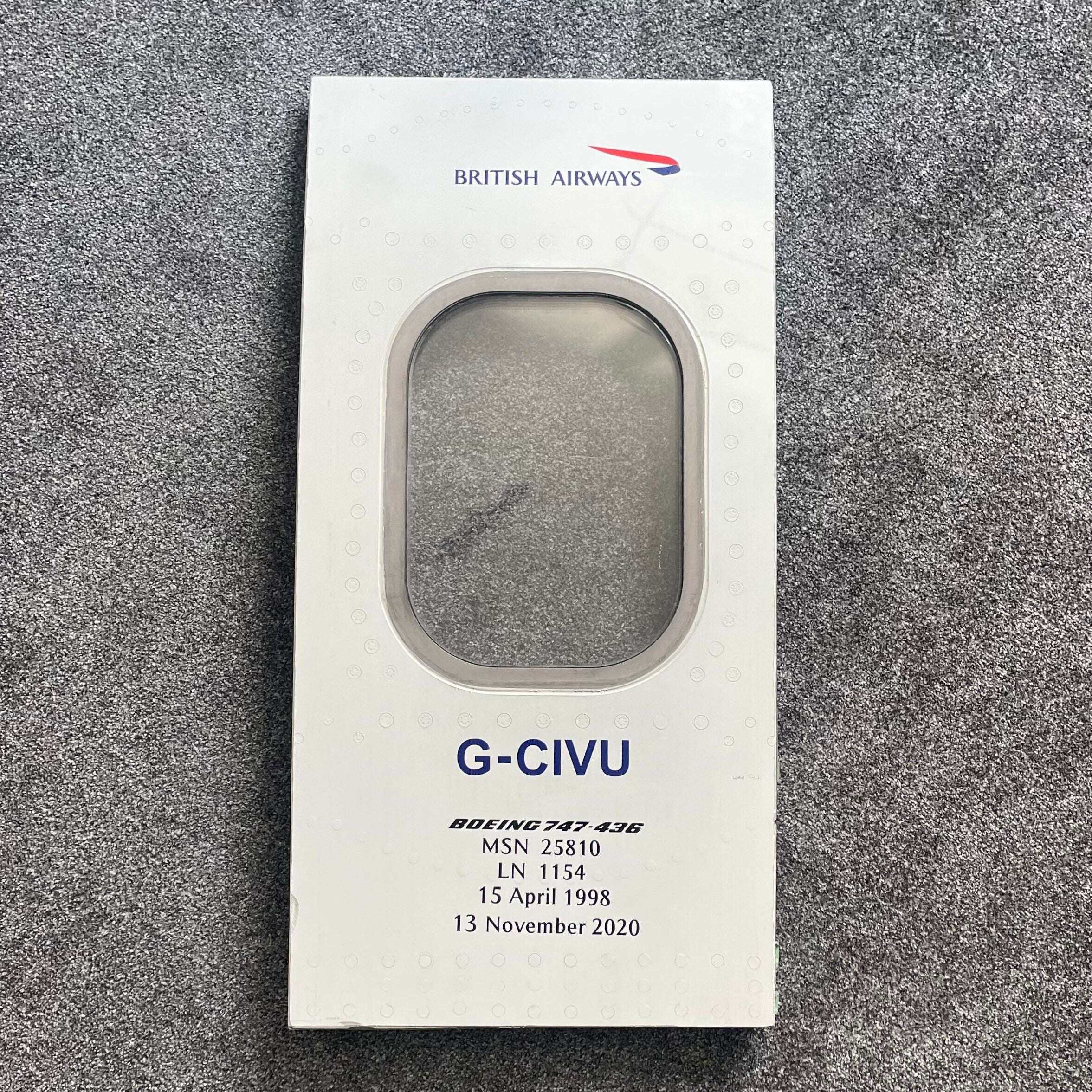 British Airways  G-CIVU Boeing 747 Window fuselage Cut Airline Aviation Upcycle Boeing Gift Plane Aircraft Aviator