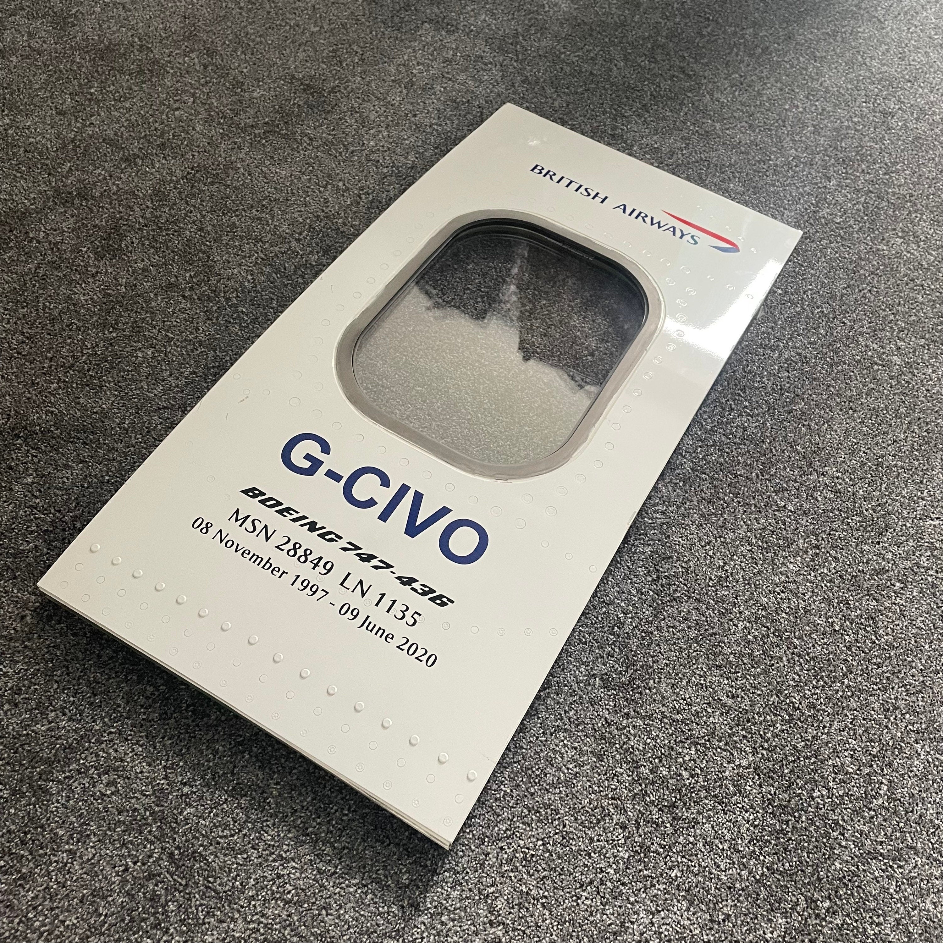 British Airways  G-CIVO Boeing 747 Window fuselage Cut Airline Aviation Upcycle Boeing Gift Plane Aircraft Aviator