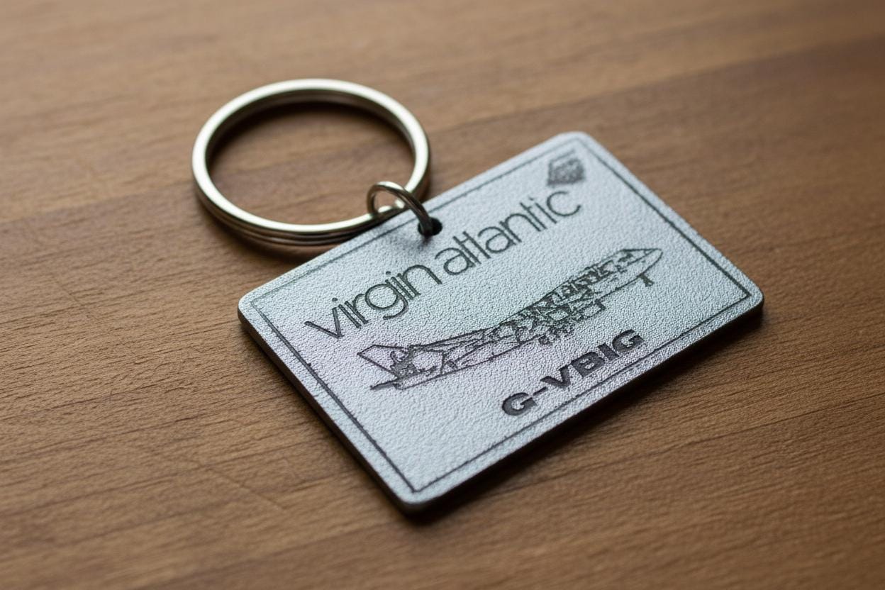 Virgin Atlantic Boeing 747 G-VBIG Keychain Crafted From Seat Hard Material Plastic Engraved Laser Collectable aviator crew suitcase tag bag
