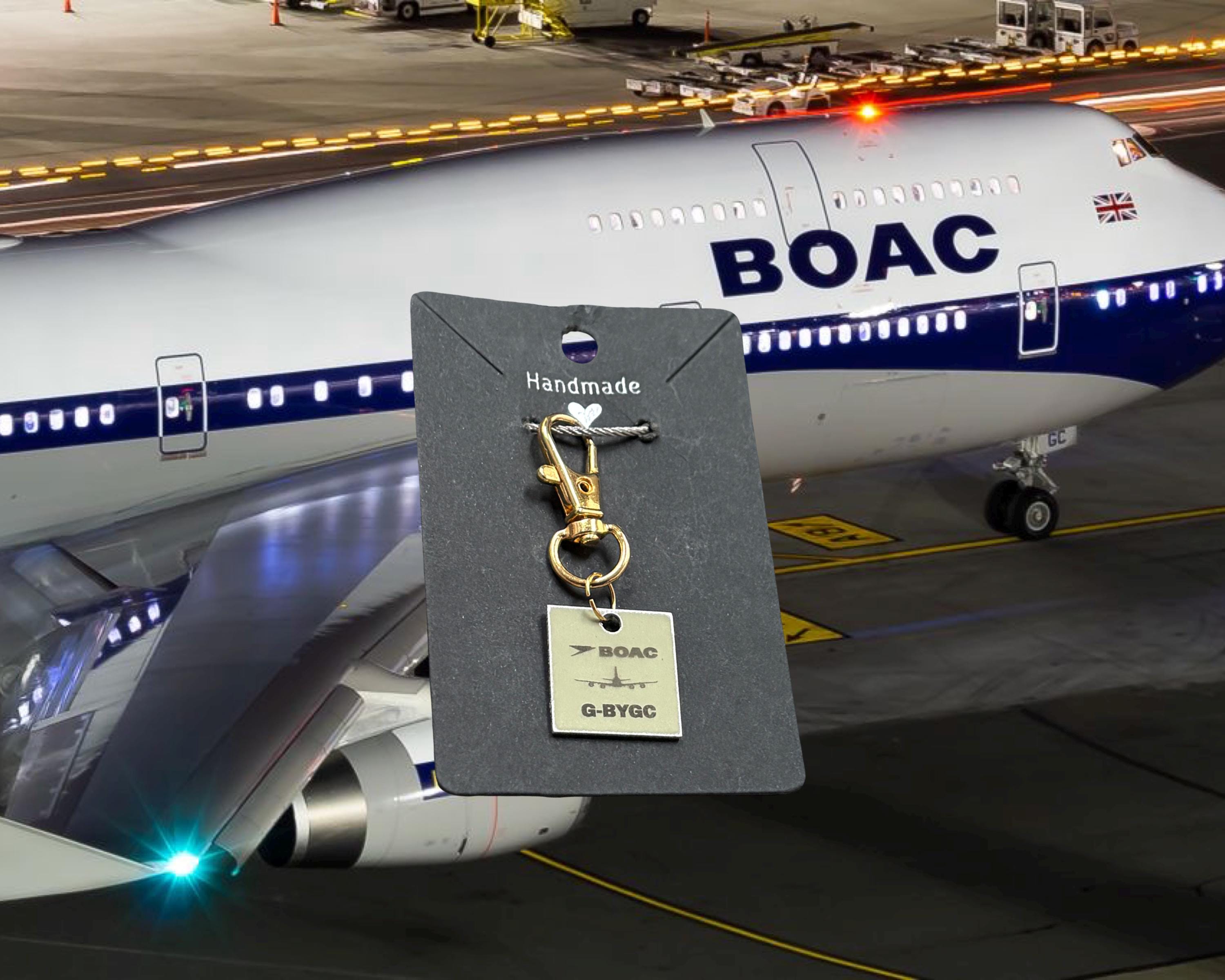British Airways Boeing 747 G-BYGC Fuselage Cut Square Tag Keychain Keyring Plaque  Collectible memorabilia Pilot gift engraved concorde