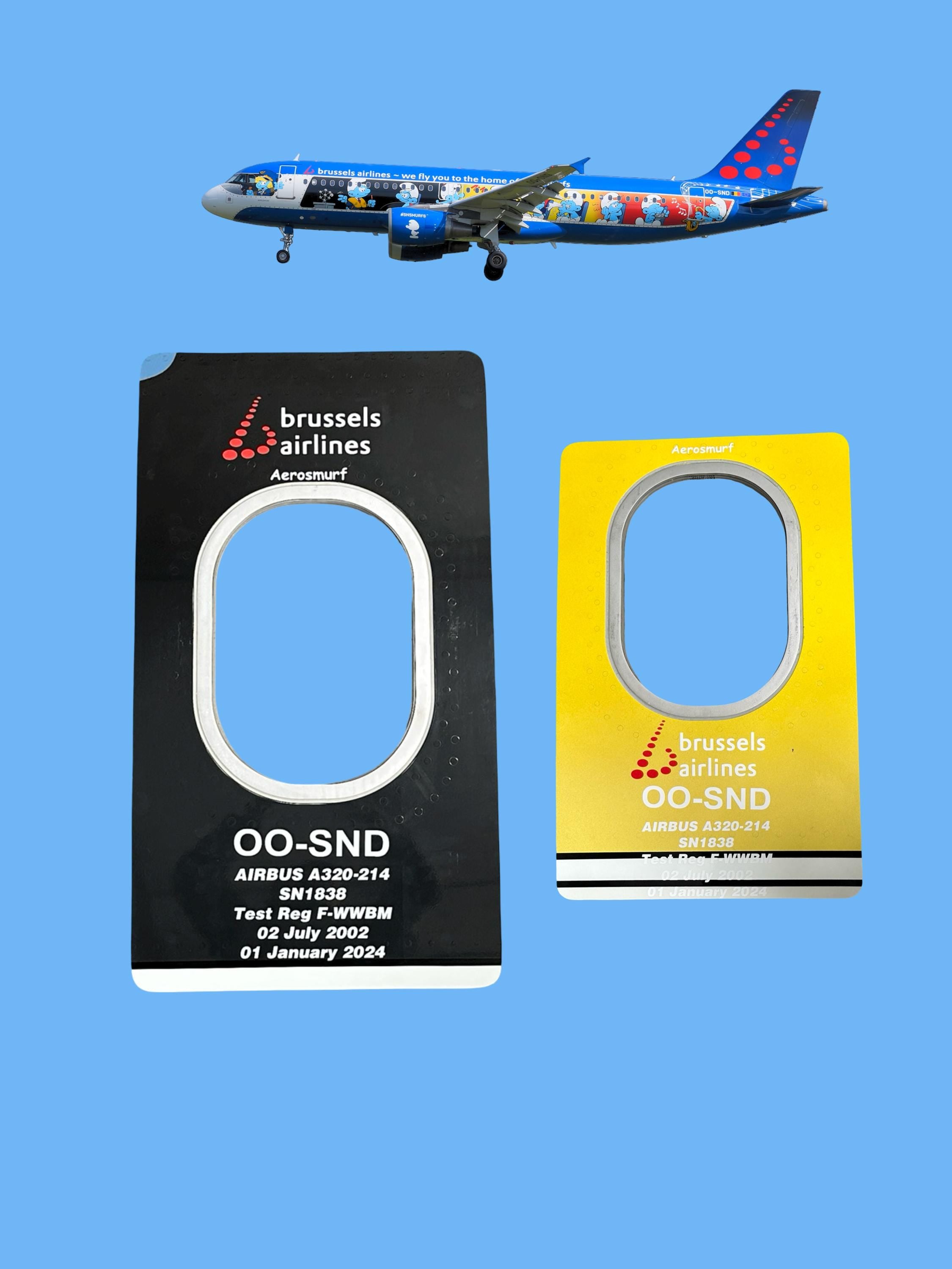 Brussels Airlines OO-SND Airbus A320 Aerosmurf Smurf Window fuselage Airline Aviation Upcycle Boeing Gift Plane  Aviator special livery