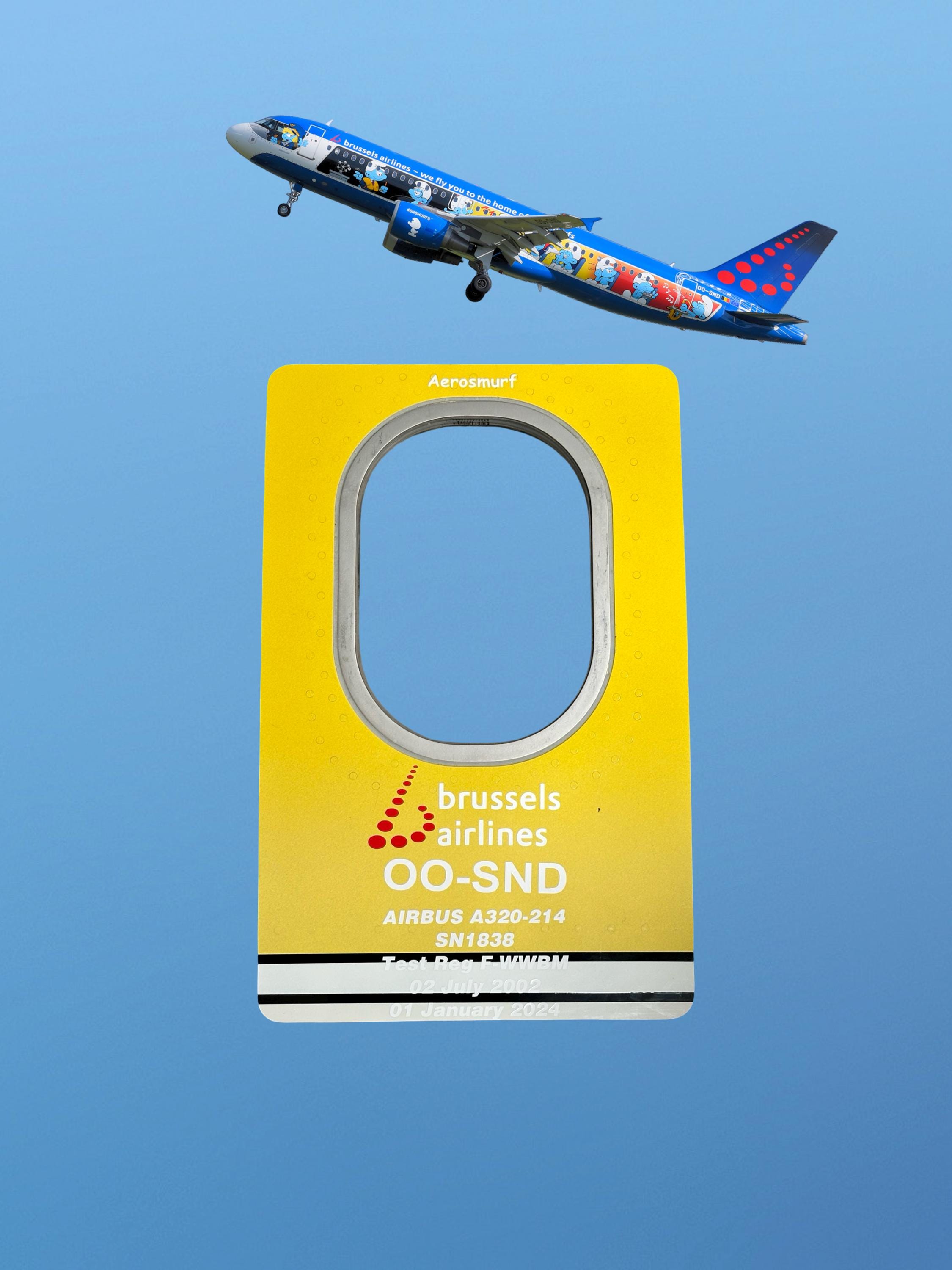 Brussels Airlines OO-SND Airbus A320 Aerosmurf Smurf Window fuselage Airline Aviation Upcycle Boeing Gift Plane  Aviator special livery
