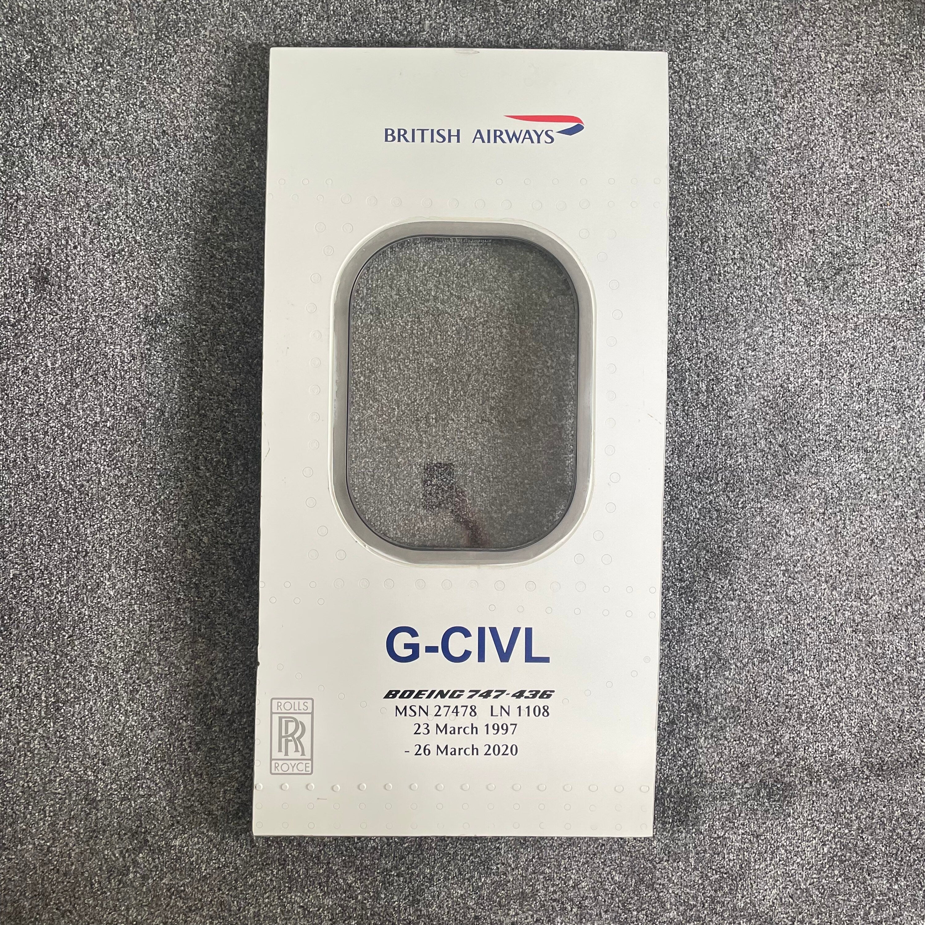 British Airways  G-CIVL Boeing 747 Window fuselage Cut Airline Aviation Upcycle Boeing Gift Plane Aircraft Aviator