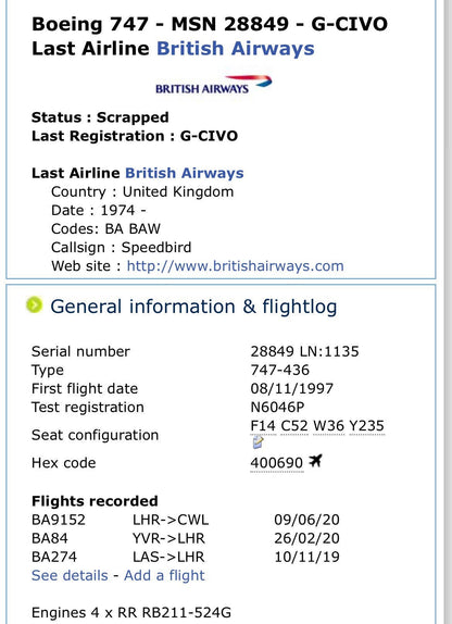 British Airways  G-CIVO Boeing 747 Framed Tail fuselage Cut Airline Aviation Upcycle Boeing Gift Plane Aircraft Aviator